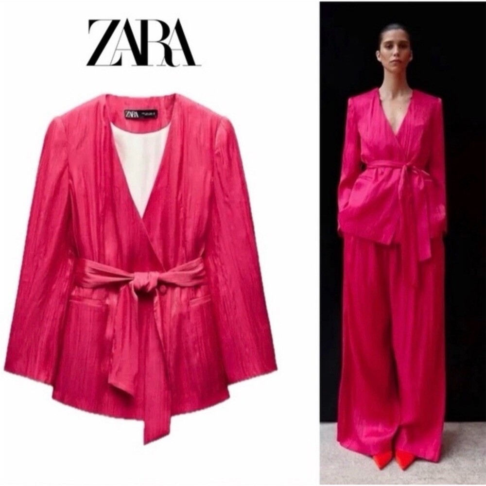 Zara Blazer Jacket Womens Size M Fuchsia Pink Metallic Wrap Belted Pockets